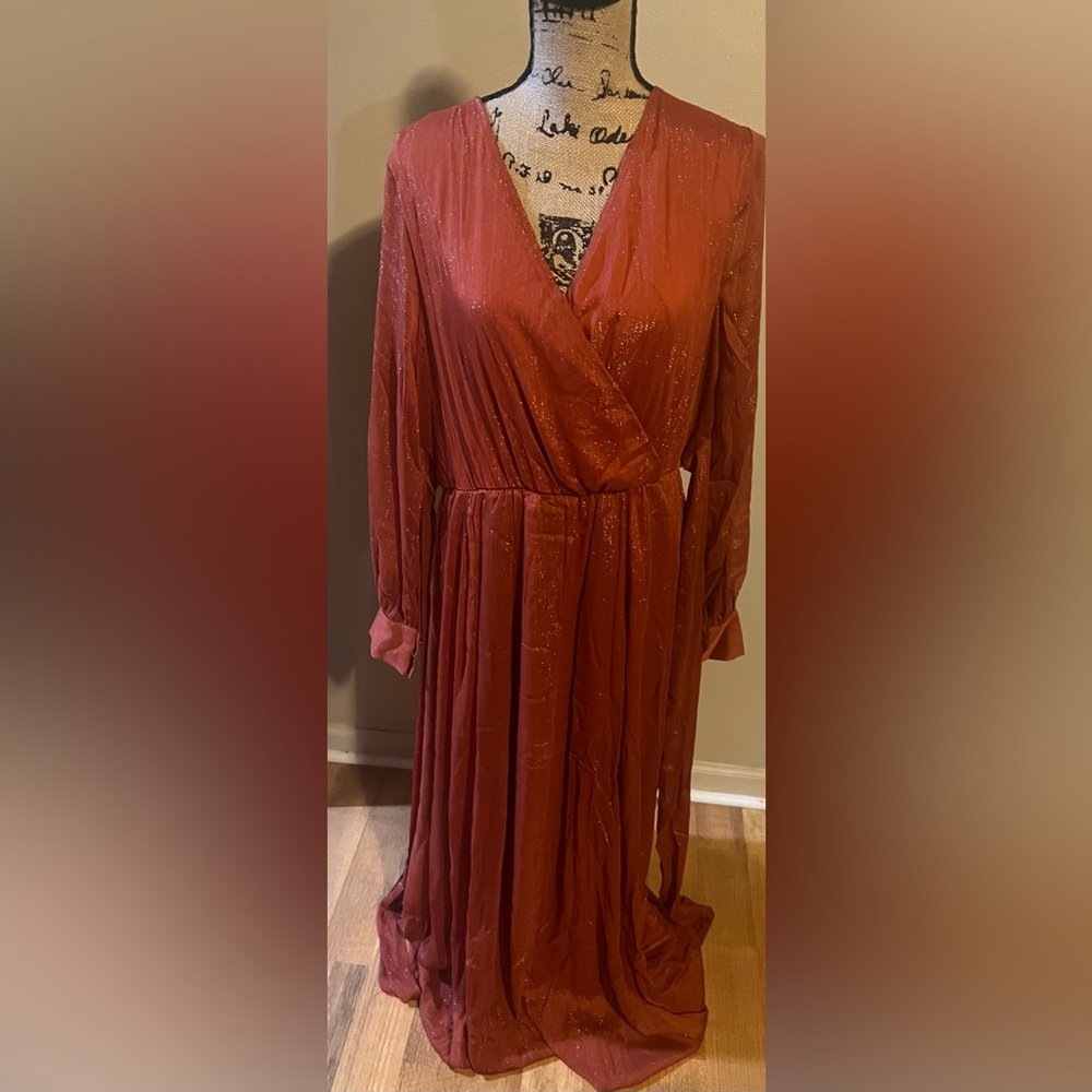Elegant Bronze with gold accent dress with Bishop Sleeves